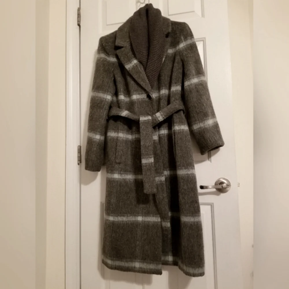 DKNY Women's Knit-Collar Belted Wrap Coat Charcoal Grey Wool - Picture 4 of 9